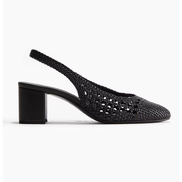 H&M Leather Slingback Pumps Sandals Black NWT Sz 11 Woven Braided Low Heels toe - Picture 1 of 16